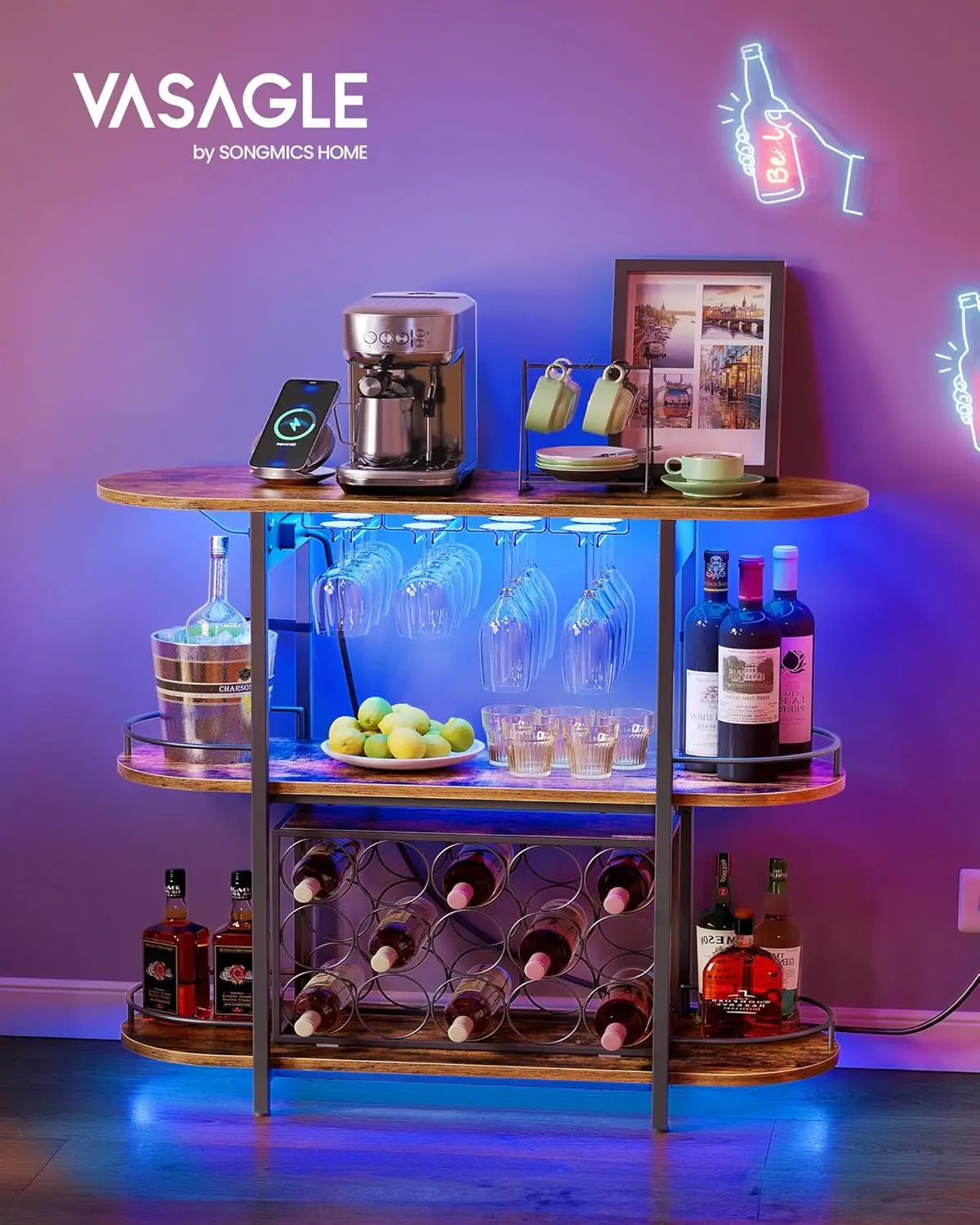 Vasagle Bar Cabinets For Home, Led Coffee Bar With Power Outlets, Home Mini Bar For Liquor, Freestanding Wine Rack With Glass