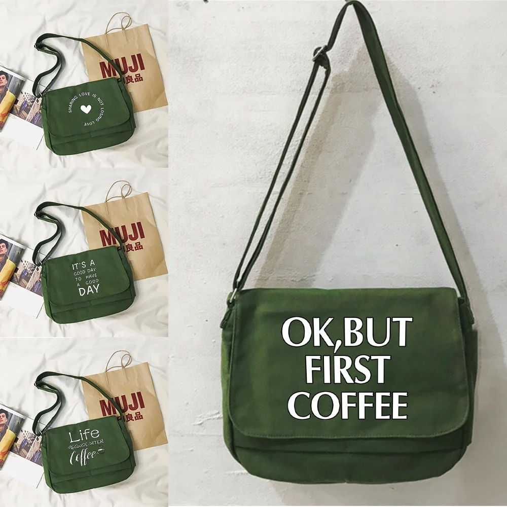 Messenger Bag Green Canvas Casual Handbags Versatile Flip Large Capacity Book Pack Food Series Teenager Shoulder Messenger Bags