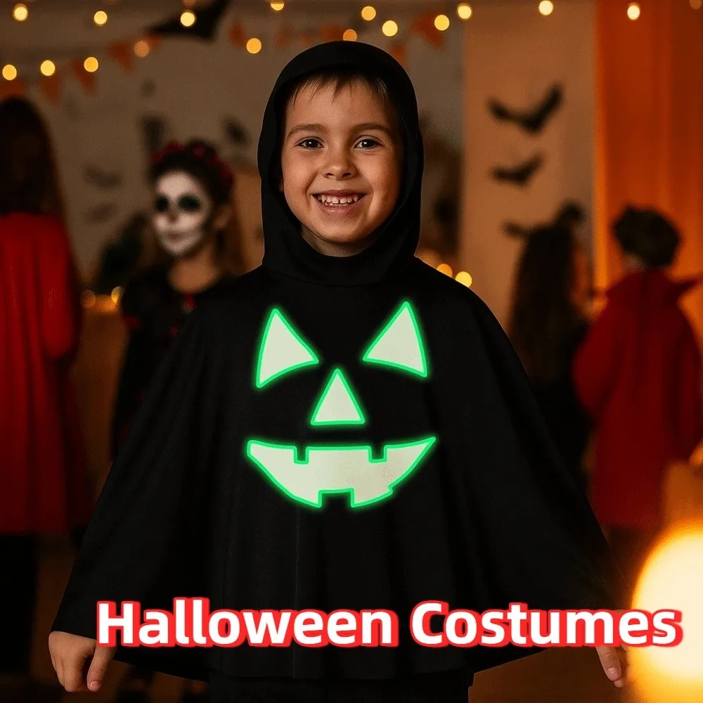 Mantello di zucca nottilucenti di Halloween Divertimento creativo Costume cosplay per bambini Sciolto incandescente Fantasma Mantello con cappuccio Festa in maschera