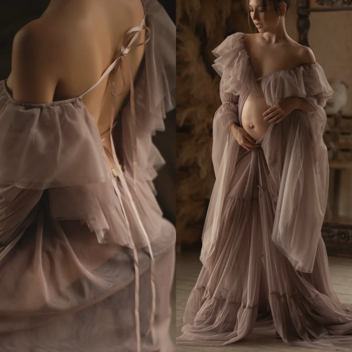 

Grey Maternity Dresses Puffy Ruffles Tulle Pregnant Women Prom Gowns Customized Photoshoot Front Slit Babyshower Dress