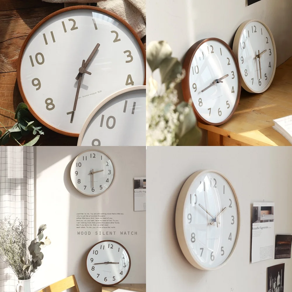 Simple Korean MJK Nordic Style 12 Inch Living Room Solid Wood Dining Room Bedroom Modern Ultra Quiet Wall Clock