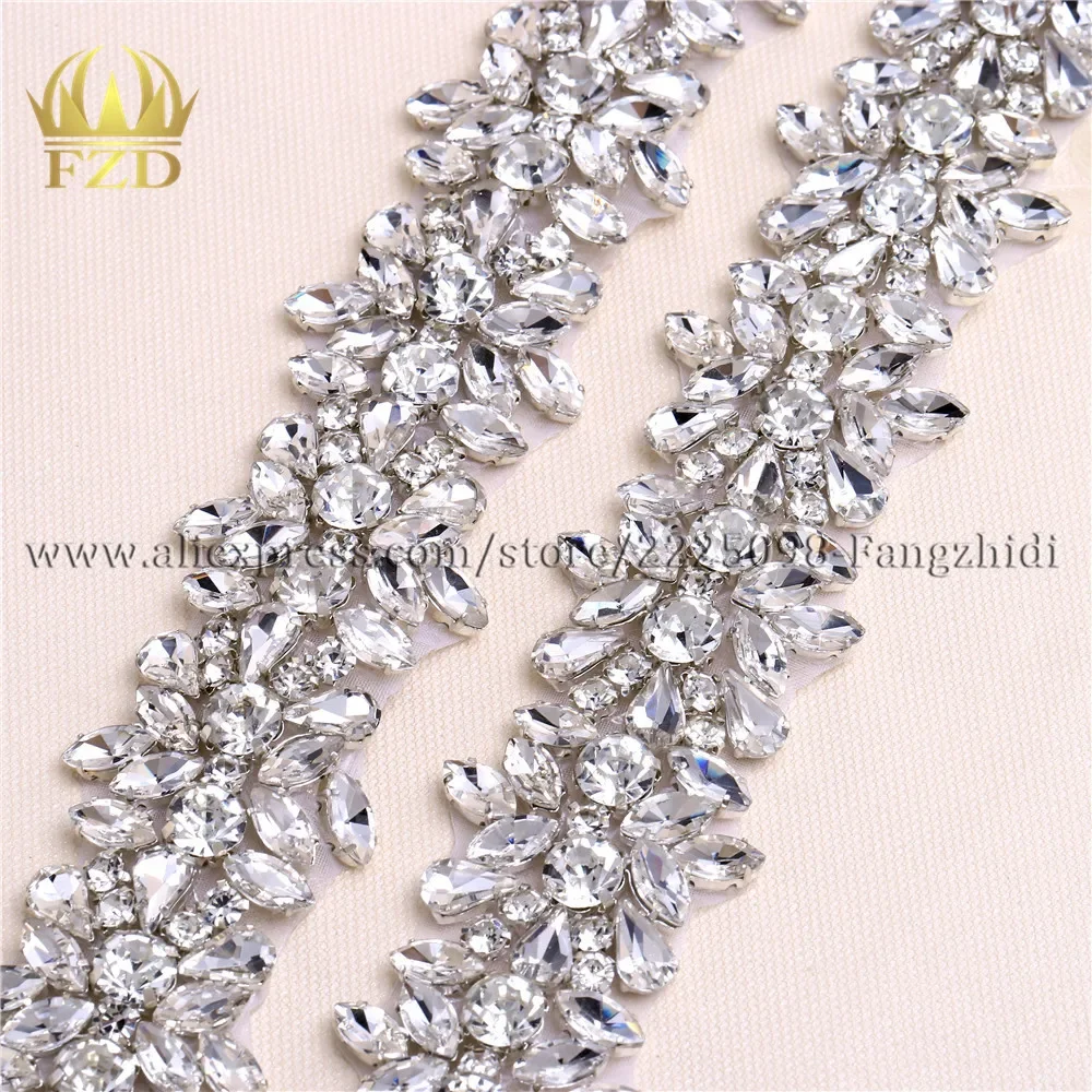 (1 Yard) Handmade Hot Fix Sewing on Clear Rhinestone Crystal Appliques for Wedding Gown Iron on Belt Headpieces Garters FA-1072