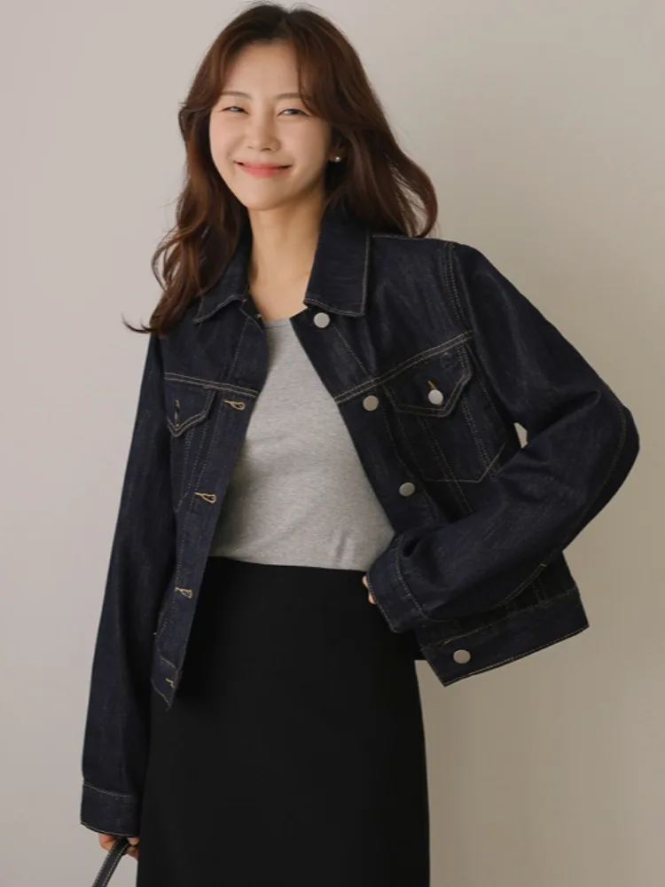 

Waed Denim Jaet Casual Loose Fit Vintage Turn-down Collar Spring Autumn Women's Faion Outerwear Commute Sle