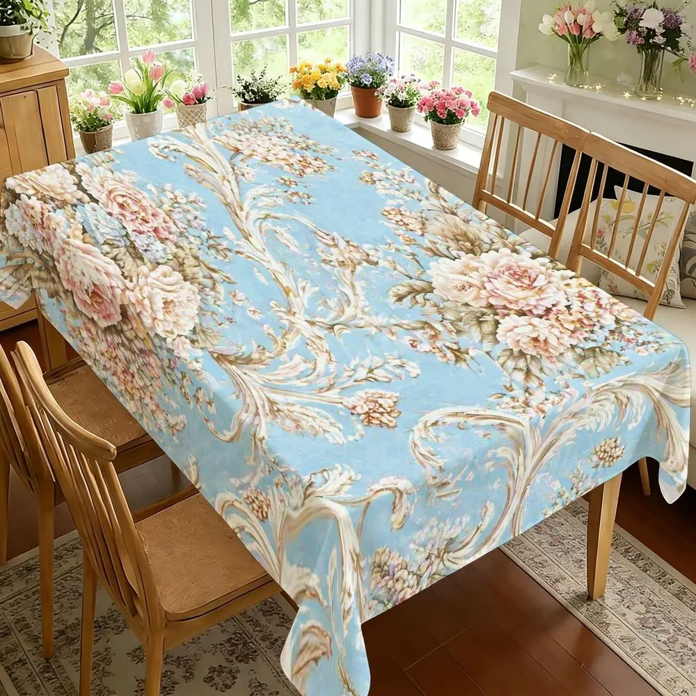 Elegant Rococo Floral Tablecloth - Light Blue with Pink Cream Beige Golden Blooms, Rectangular Polyester, Classic Spindle Chair Dining Decor, Romantic French Style, Indoor Party Wedding Spring Summer