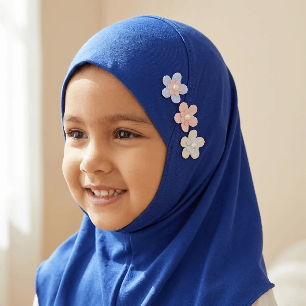 Soft Little Girls Pull-On Hijab with Floral Ornament Stretch Crystal Linen Headscarf Solid Colors Non-slip Head Cover Casual