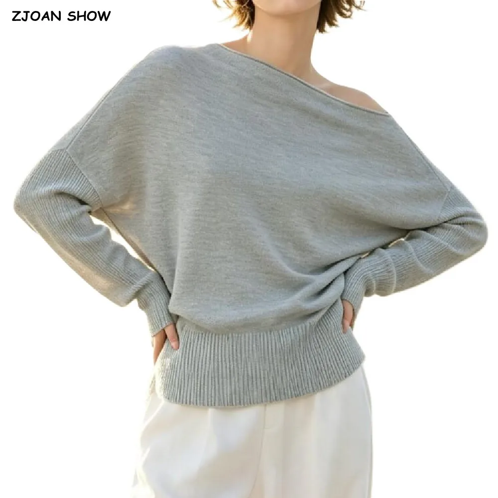 Trendy Autumn Women Knitted Diagonal One Shoulder Sweater Rib Bat Long Sleeve Oversize Pullovers Knitwear Gray Khaki