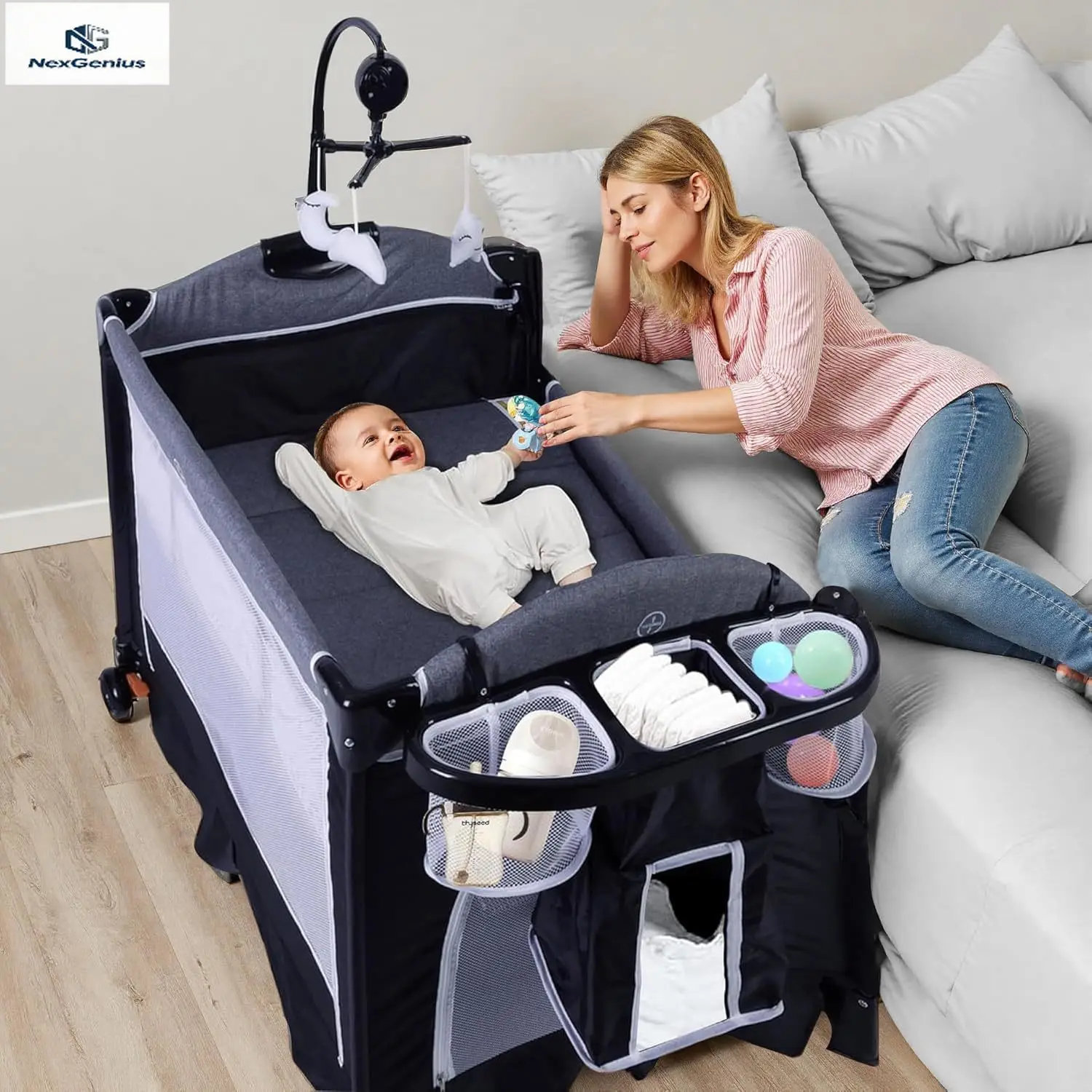 

4 In 1 Pack And Play Multifunction Baby Bassinet Bedside Crib Portable Playard Changing Table Storage Basket One Hand Folding Pl