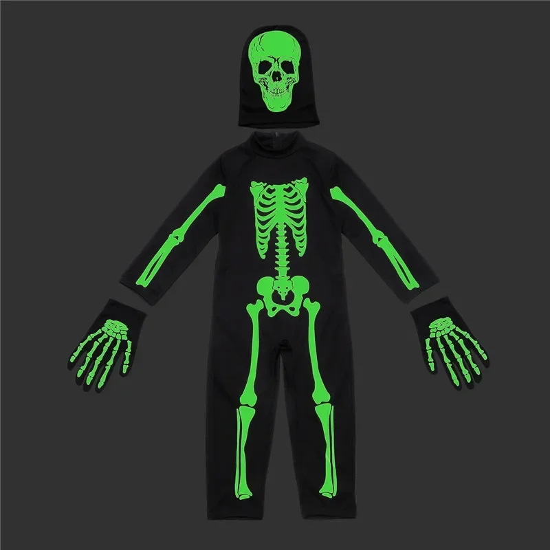 

Светящийся в темноте костюм скелета от 3 до 12 лет с перчатками ужасов, маска, комбинезон для всего тела для страшного костюма призрака на Хэллоуин, костюм для косплея