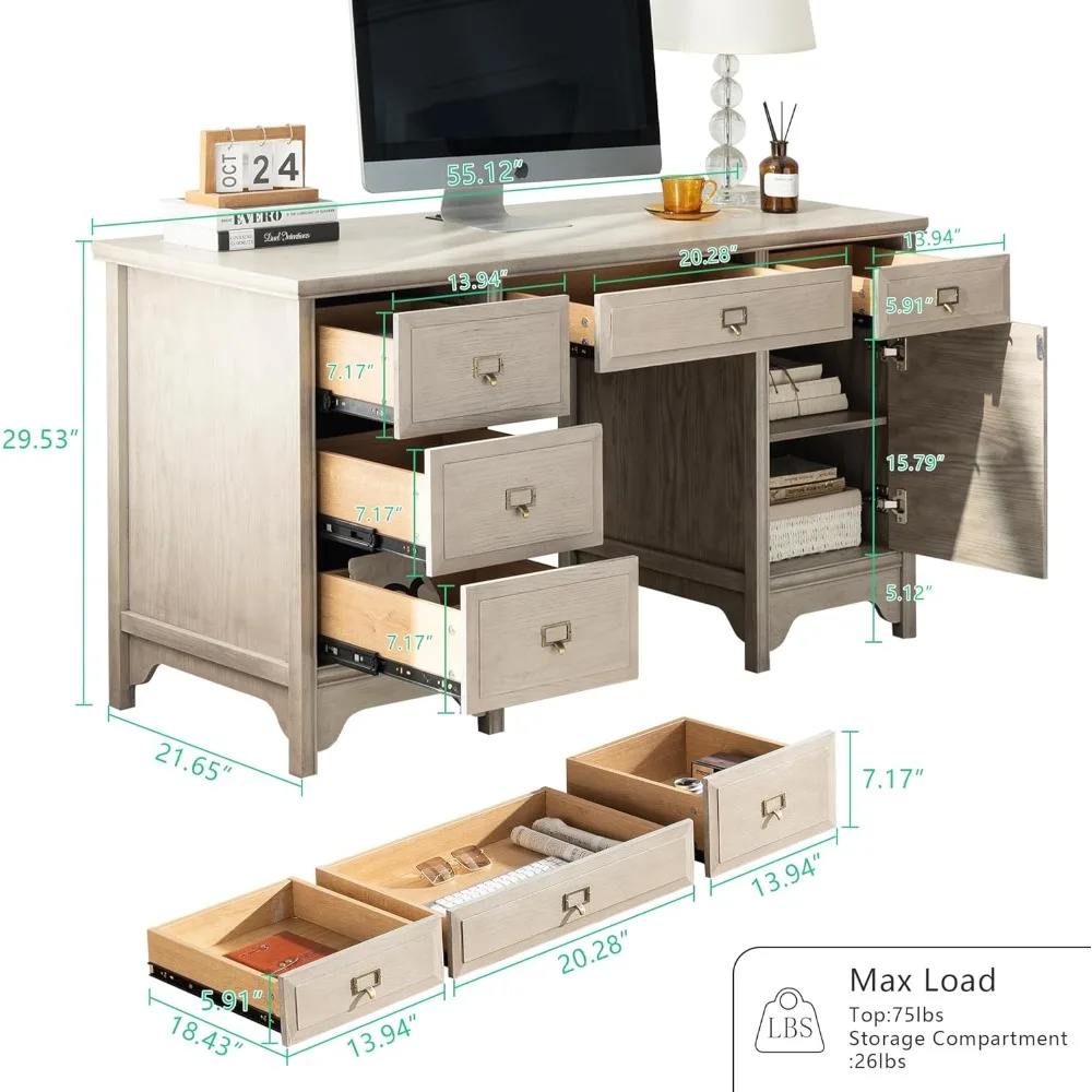 مكتب تنفيذي من الخشب الصلب مقاس 55 بوصة، مكتب كمبيوتر مكتبي للمزرعة مع 5 أدراج وخزانة تخزين، طاولة كتابة خشبية للمنزل