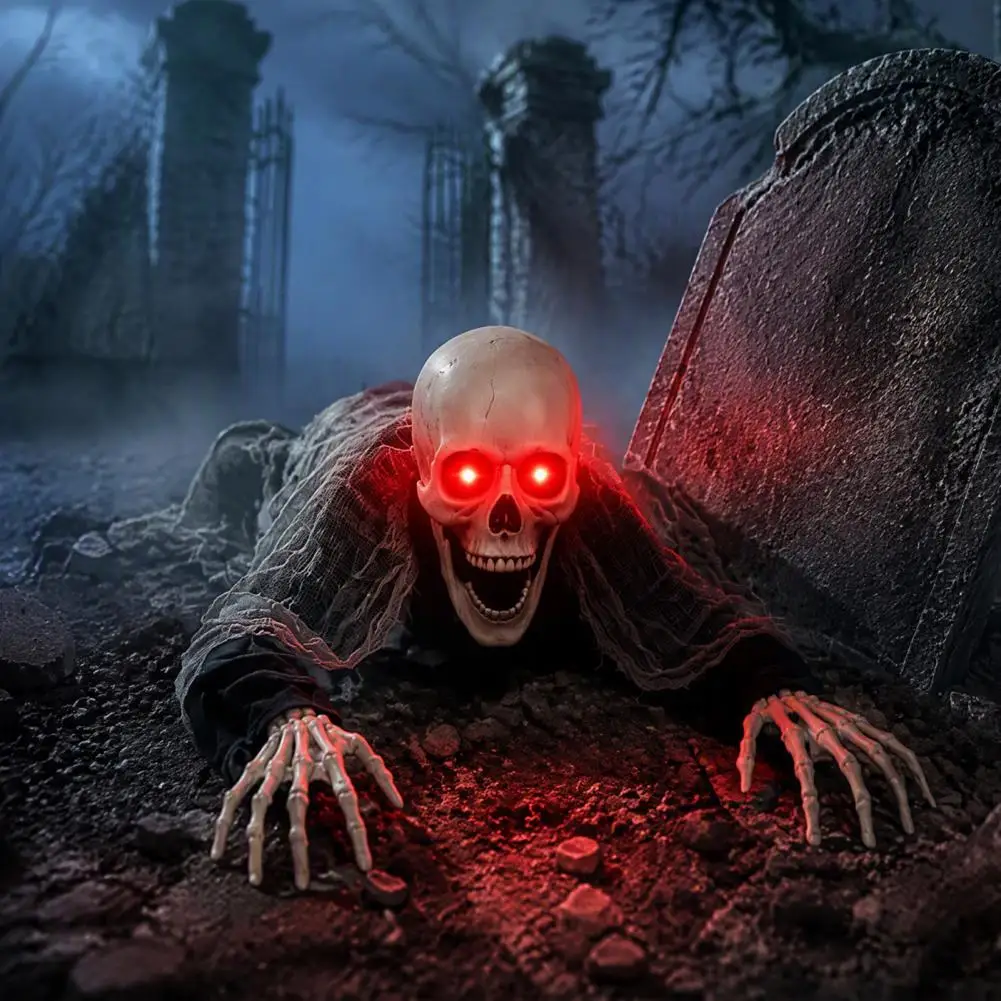 Groundbreaker Skeleton Decor Halloween Giant Ground Breaking Skeleton with Glowing Led Eyes Poseable Arms Yard Prop for Haunted