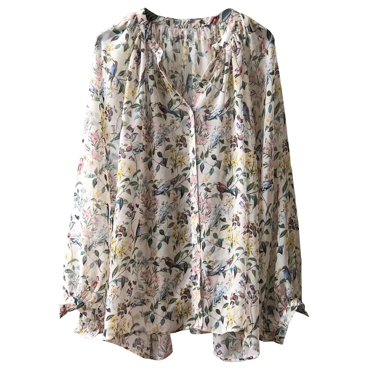 V-neck Chiffon Flower Blouse for Women's 2023 Summer New Thin Shirt Design Sense Temperament Top Graceful lantern sleeves