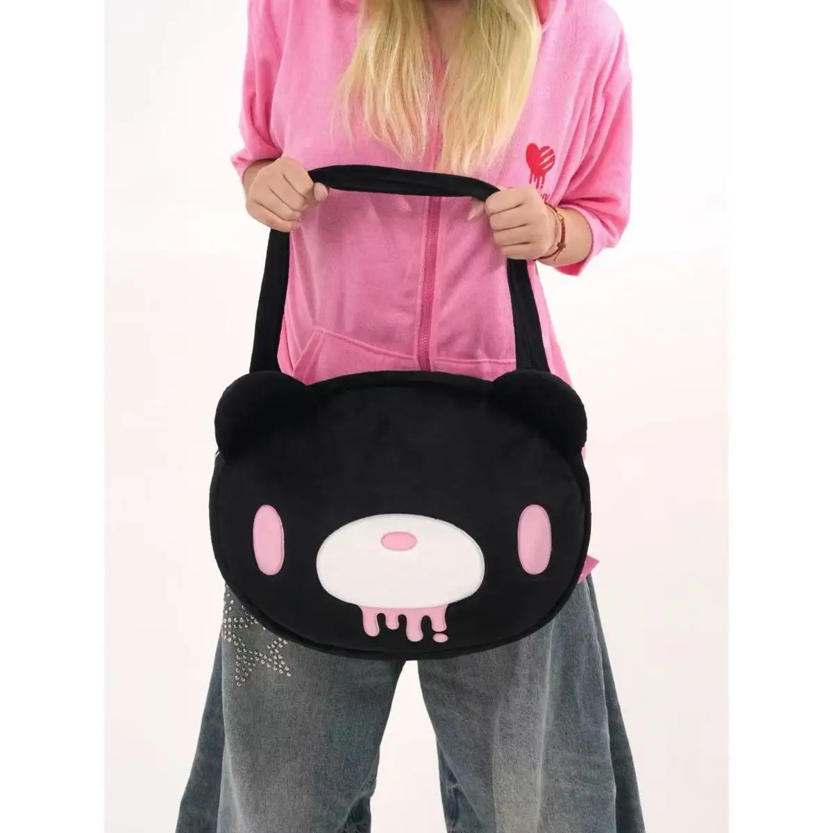 Gloomying Bear Shoulder Bag Cartoon Gothic Pink Blood Violent Bear Plush Tote Bag for Girls Women Large Capacity Shopping Bag