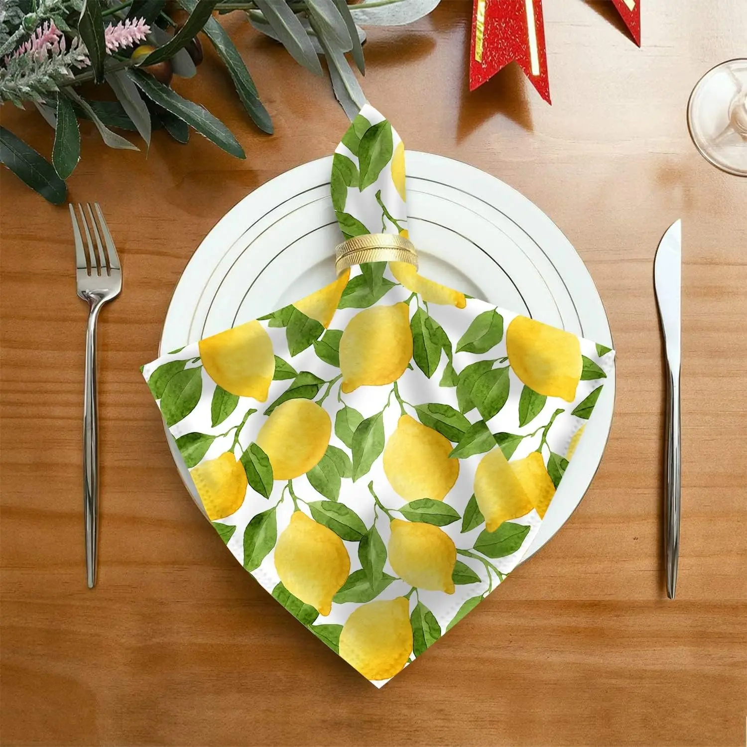 2Pcs Lemon Green Leaf Painting Cloth Napkins Wedding Decoration Washable Reusable Table Napkins for Holiday Party Table Decor