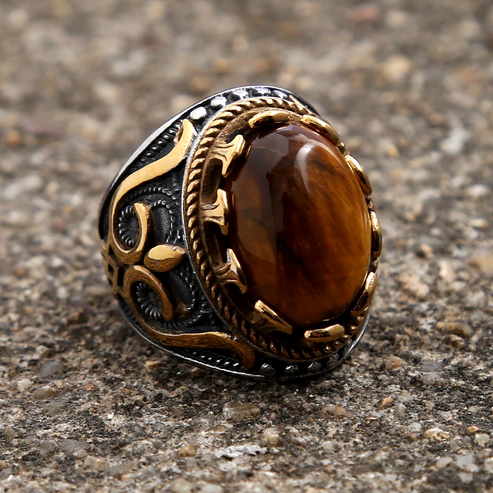 Vintage Handmade Carved Tiger Eye Stone Ring Stainless Steel Big Stone Rings for Men Women Fashion Turkish Jewelry Dropshipping