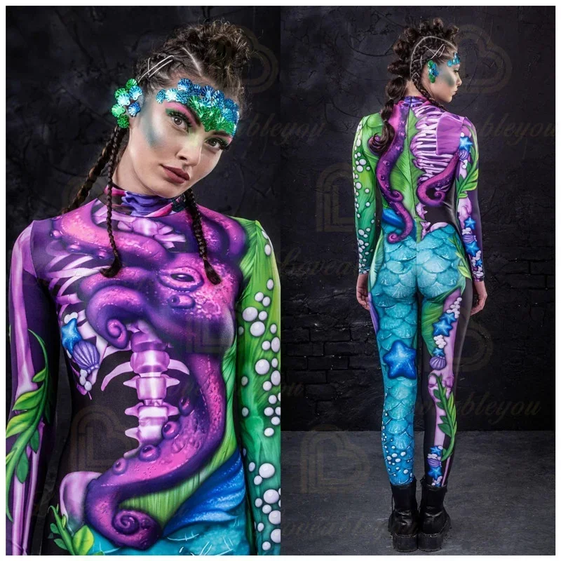 Scale Pattern Cosplay Costume Women Female Girls Boys Suit Zentai Super Hero Unisex Bodysuit Long-sleved Jumpsuit Adults