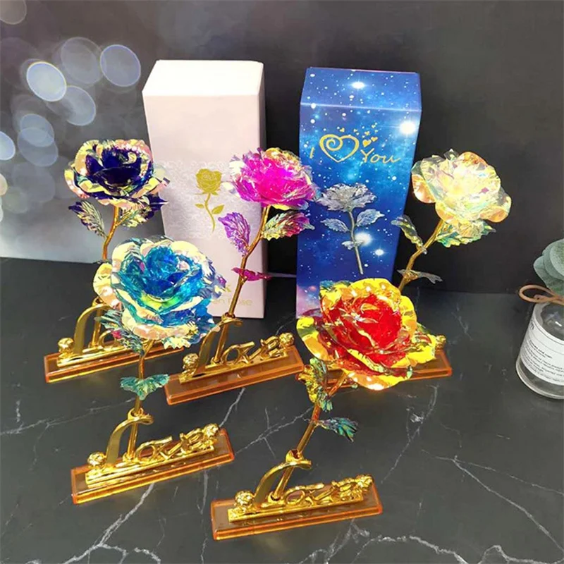 Eternal Rose Colorful Galaxy Artificial Flowers 24K Gold Foil Flower Love Base Flare box for Girlfriend Valentine\'s Day Gift