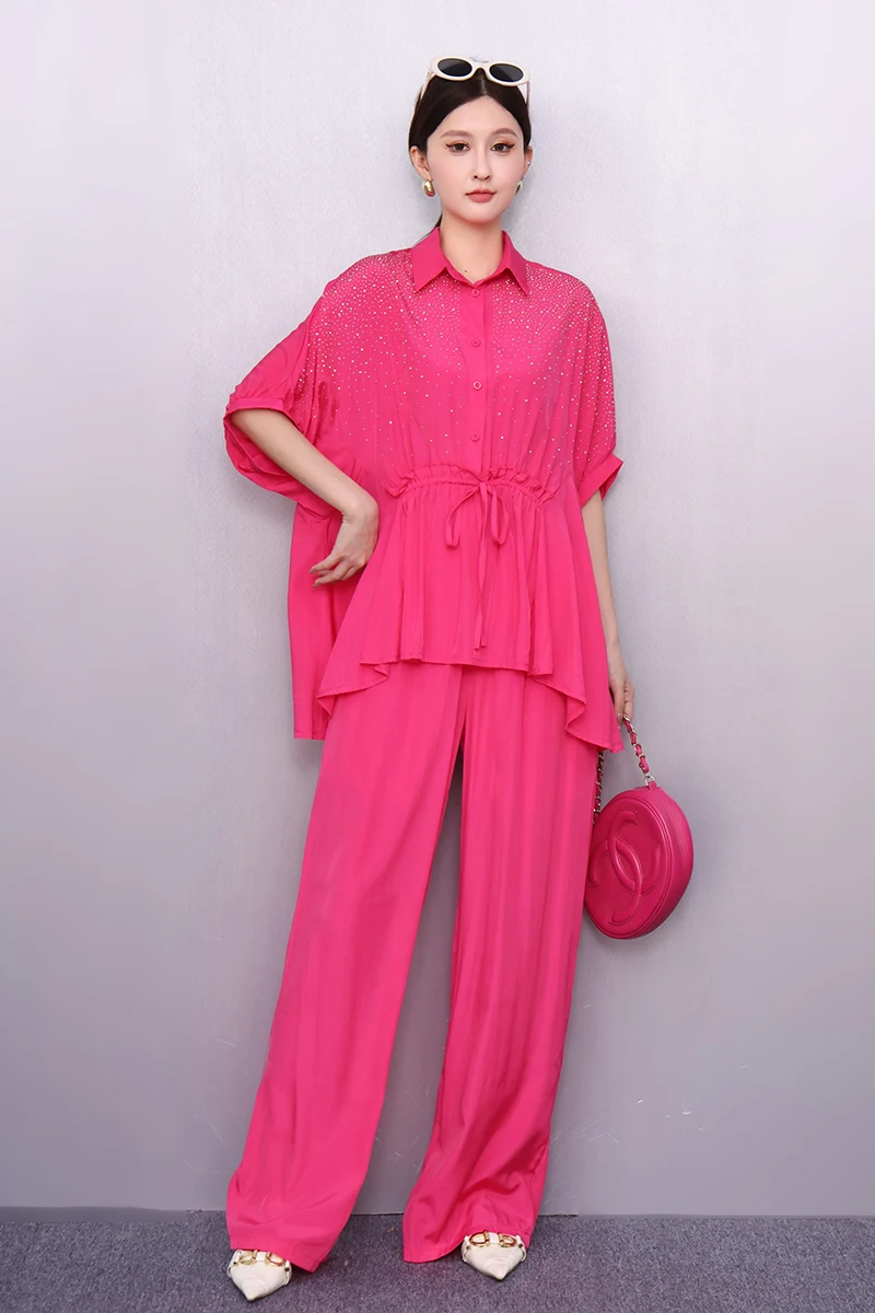 

2025 Spring Summer New Fashion Elegant Women Loose Shirts Top Wide Leg Pants Two-piece Set Wholesale J1132
