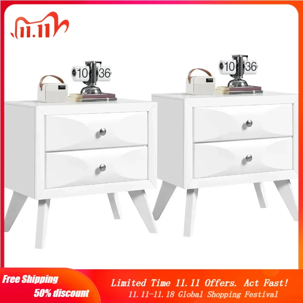 

Almost Fully-Assembled Nightstands with 2 Drawers and Solid Wood Legs, Large Bedside Tables with Storage