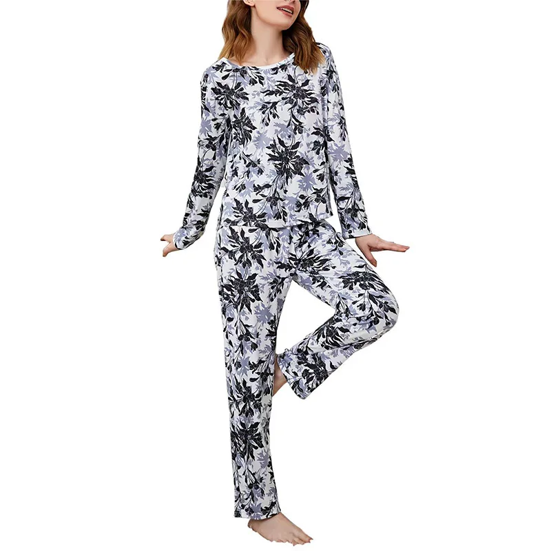 Pijamas de seda de leche con estampado de plantas para mujer, conjuntos de pantalones de manga larga con cuello redondo, ropa de casa, 2 piezas, otoño