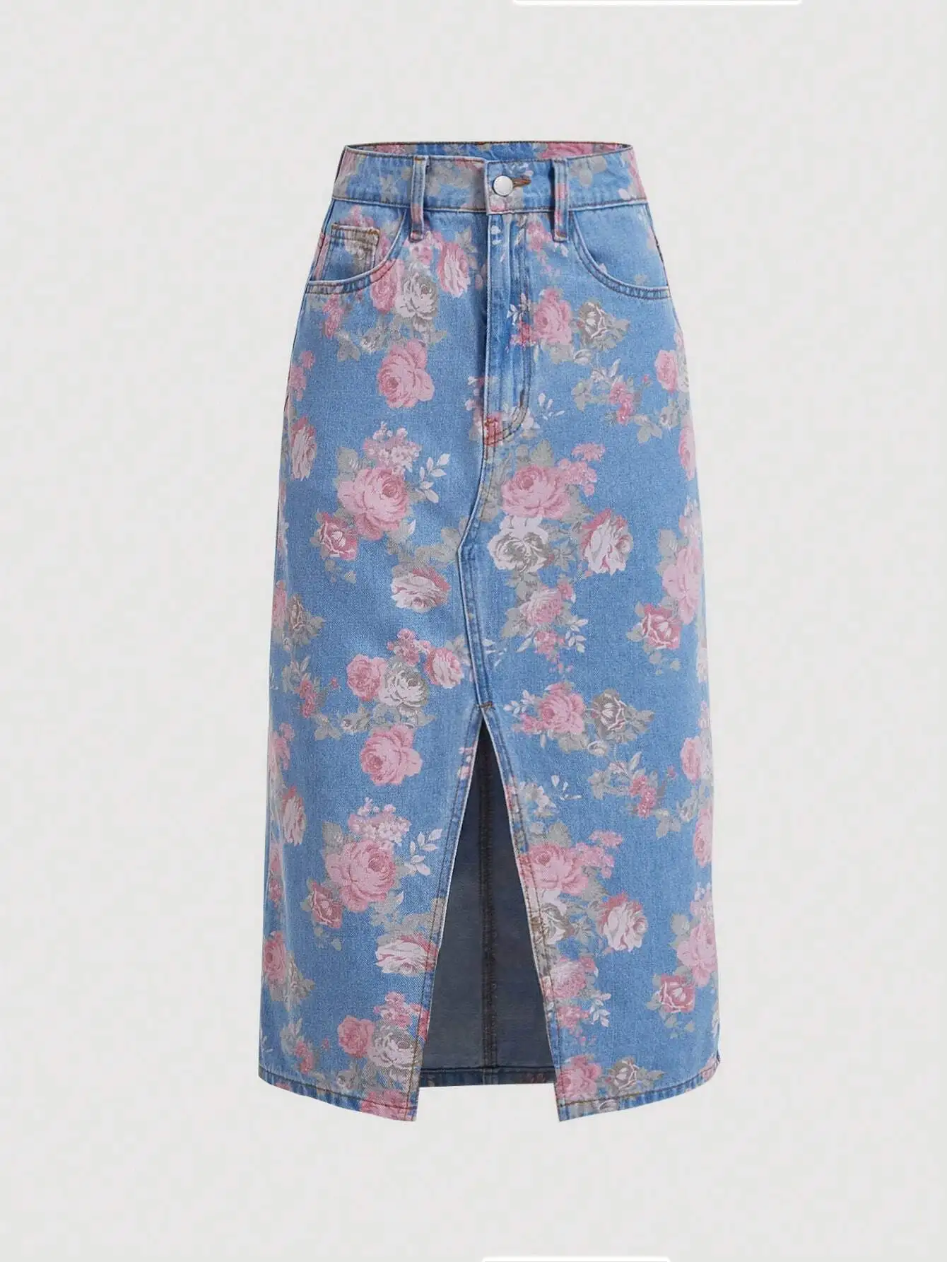 

Джинсовая юбка миди А-силуэта с цветочным принтом, карманами и разрезом по низу