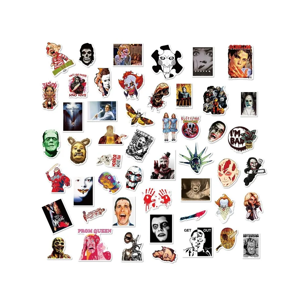 50 قطعة صورة فيلم الرعب مزيج ومطابقة ملصق شخصية مثيرة الكتابة على الجدران سيارة كوب ماء وسادة اليد لوح التزلج ملصق إبداعي