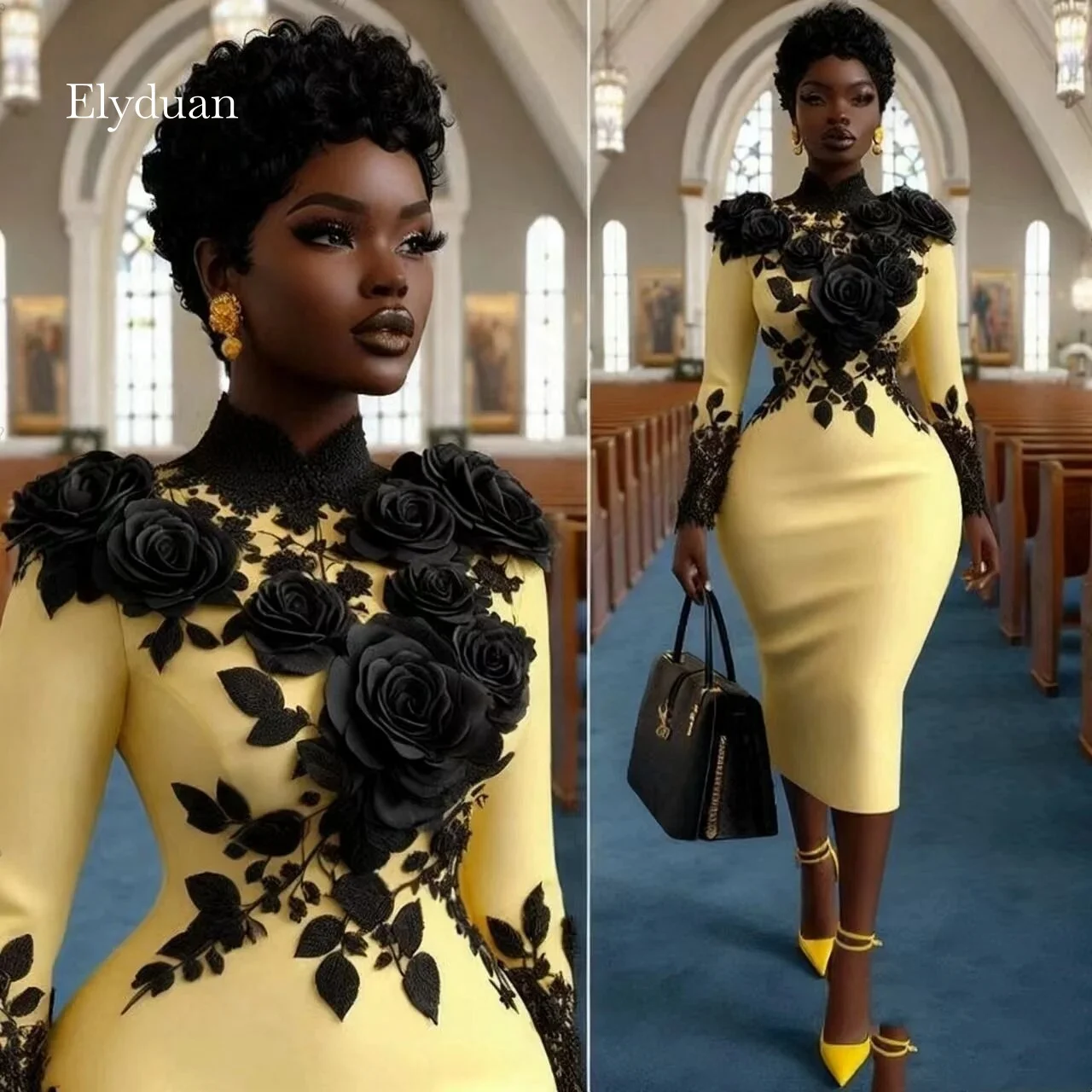 Afrikanisches Etuikleid für schwarze Mädchen mit Rosenblüten-Spitzenapplikation, mittellang, gelb, elegantes Geburtstags-Abendkleid, individuell anpassbar