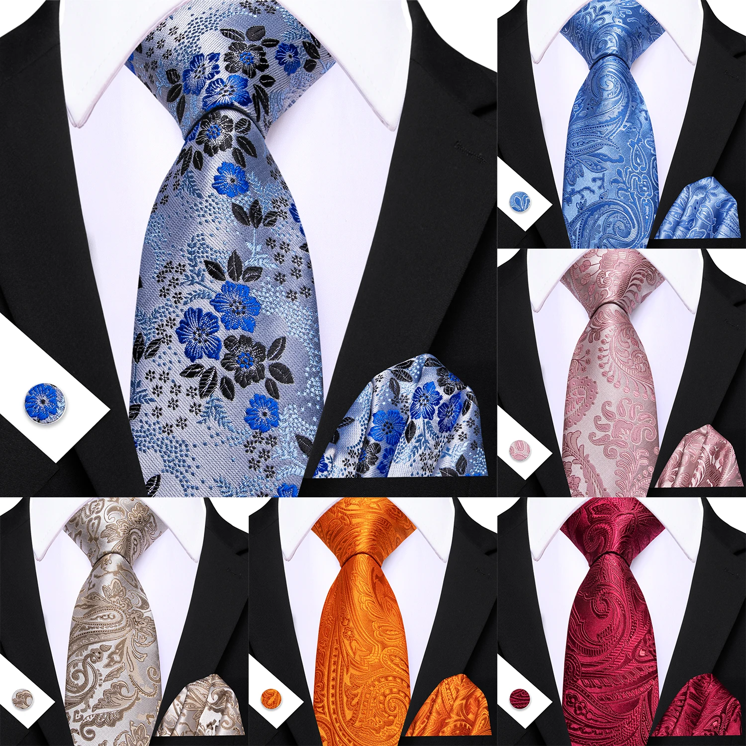 

Мужской галстук Barry.Wang, голубой, желтый, розовый, фиолетовый, с цветочным принтом, набор запонок для свадебной вечеринки, формальный комплект