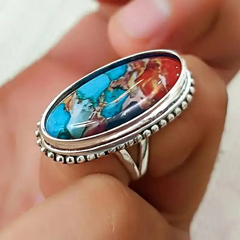 Huitan Vintage Women Ring Big Oval Stone Pattern Sticker Anti Silver Color Party Daily Accessories Low-key Elegant Metal Jewelry