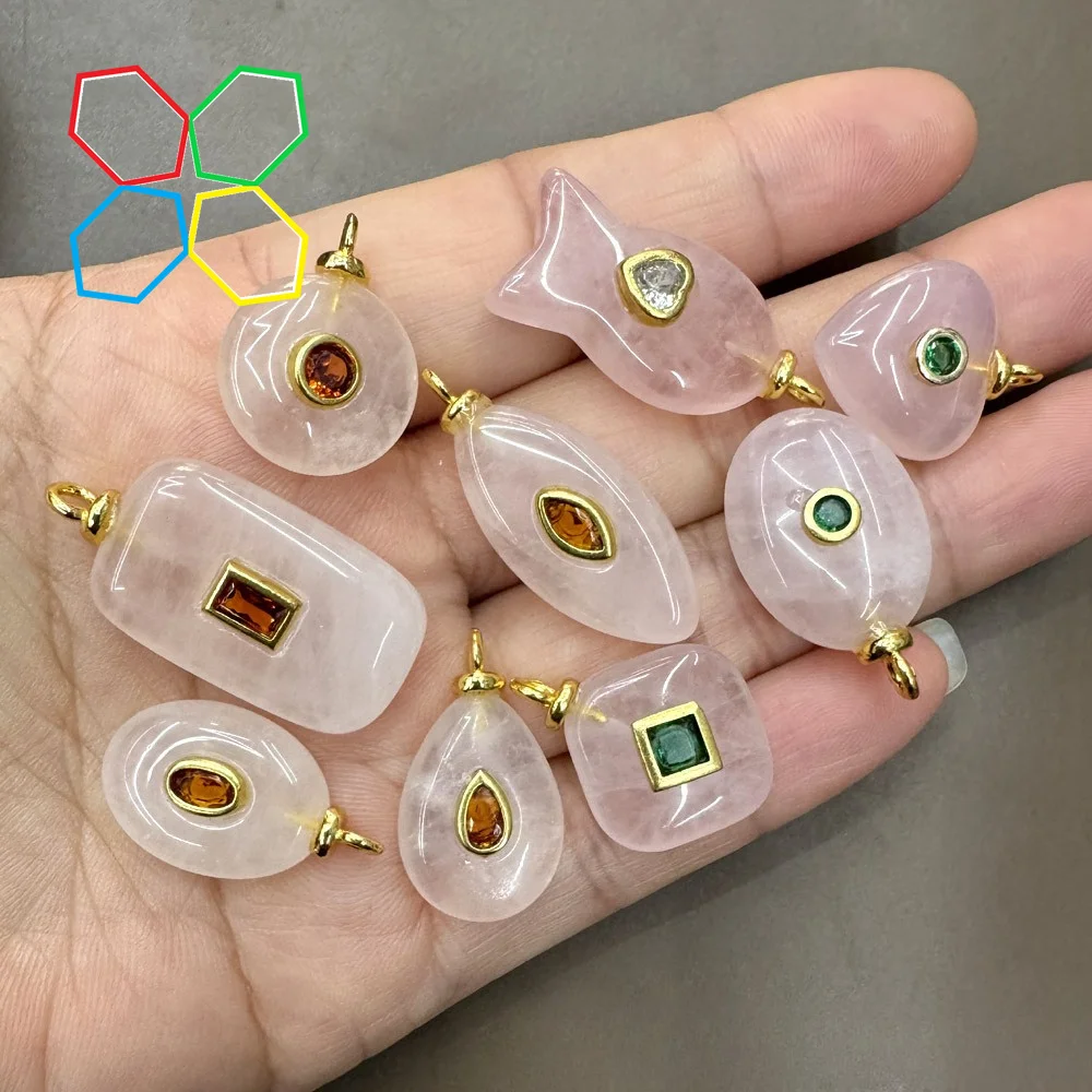 6pcs Natural Rose Quartz Colorful Zircon Inlaid Square Marquise Heart Fish Oval Pendant DIY Necklace Jewelry Making Accessories
