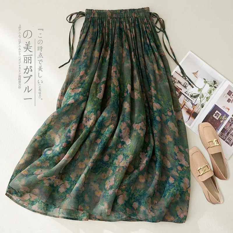 Retro Cotton Linen High Waist Printed Skirt Women's 2025Summer New  Artistic Loose Lace-up Casual Double-layer Large Swing Skirt