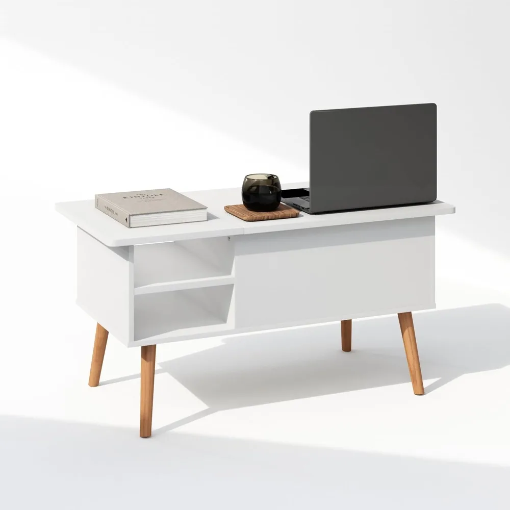 Jensen salontafel met houten poten en hefblad met verborgen compartiment en zijopen opbergplank voor woonkamer, effen wit