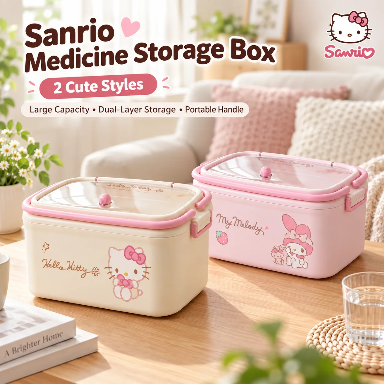 Sanrio Medizin-Aufbewahrungsbox Kawaii My Melody Erste-Hilfe-Set Große Kapazität Zweischichtige Medizin-Organizer-Box mit Tragegriff