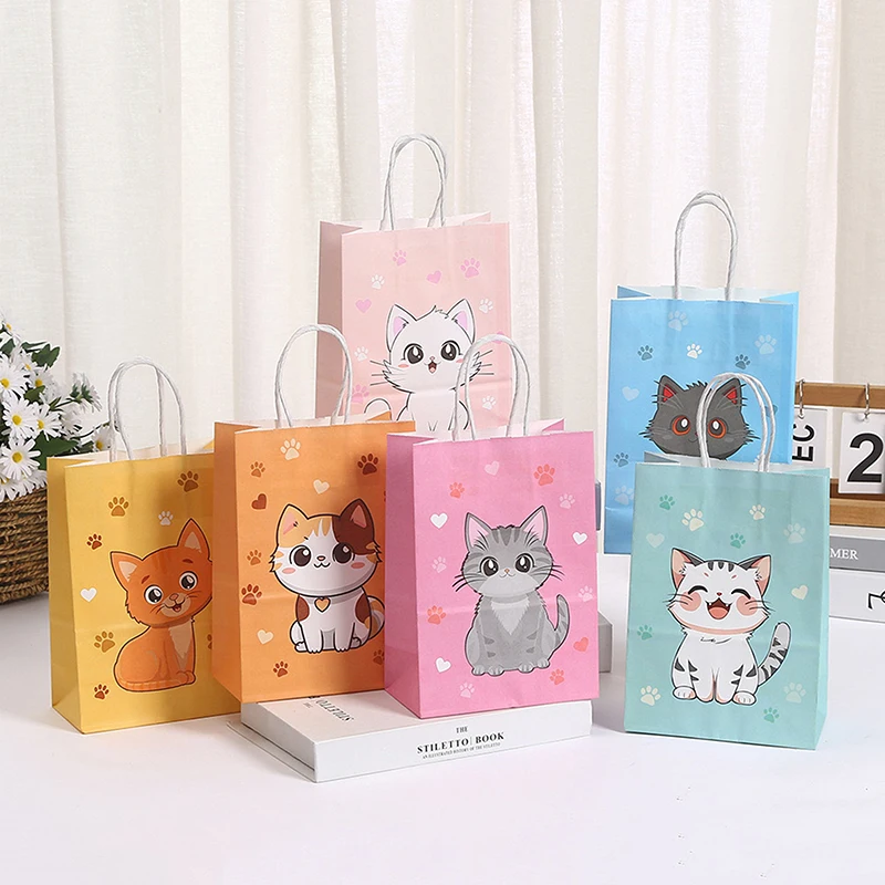 6 Stück bunte Cartoon Katze Pfote drucken Papier Süßigkeiten Taschen Geschenkt üten mit Griffen für Haustier Thema Kind Geburtstags feier Dekorationen Gefälligkeiten