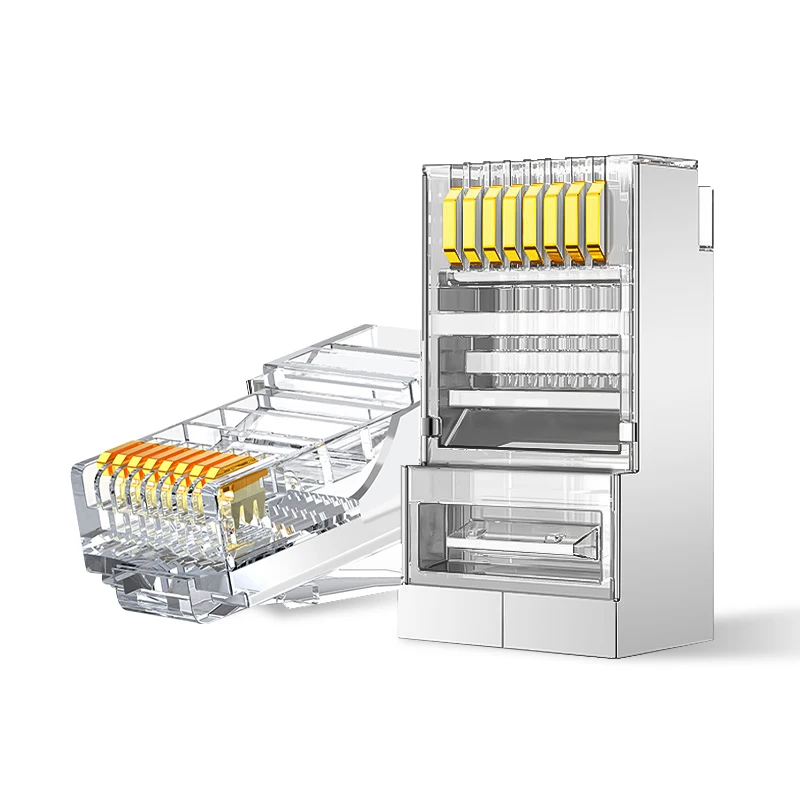 

RJ45 Connector 50μ Gold-Plated 8P/8C Crimp end For Cat5e Cat6 Pass-Thru Modular Connector，UTP/STP Shielded，Network RJ45 Plug