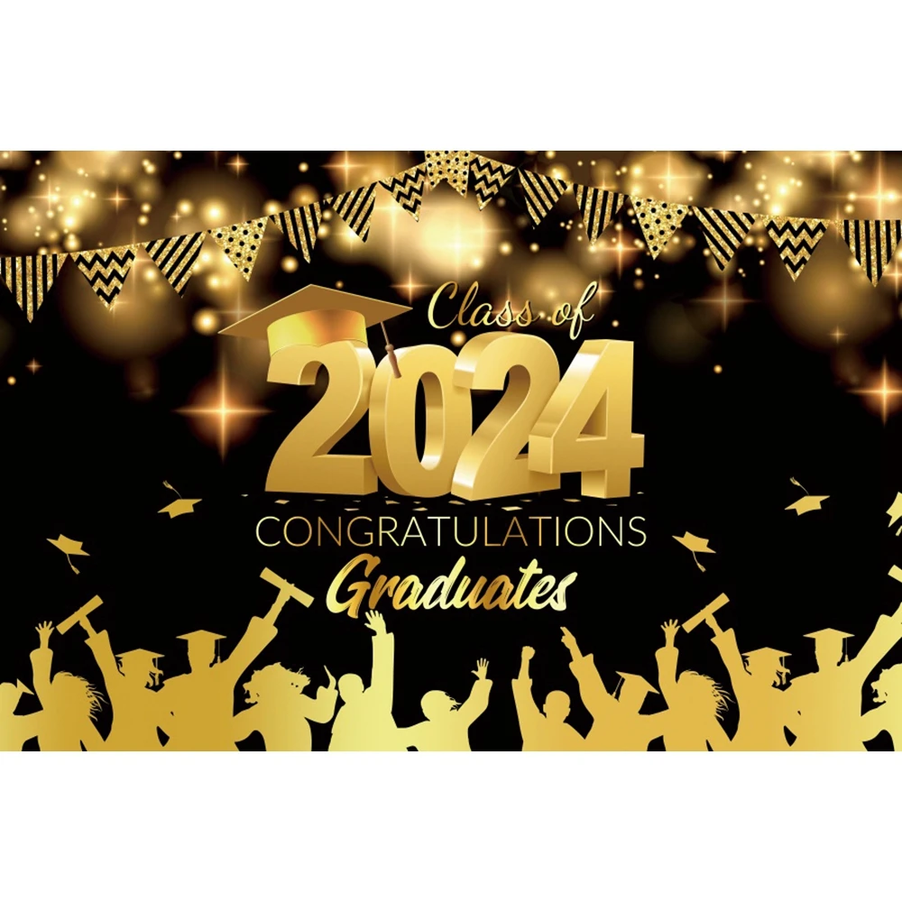 Pano De Fundo De Graduação Personalizado, Fotografia De Fundo Personalizado, Balões De Brilho Preto E Dourado, Parabéns Grad Party Banner Decor, Classe De 2024
