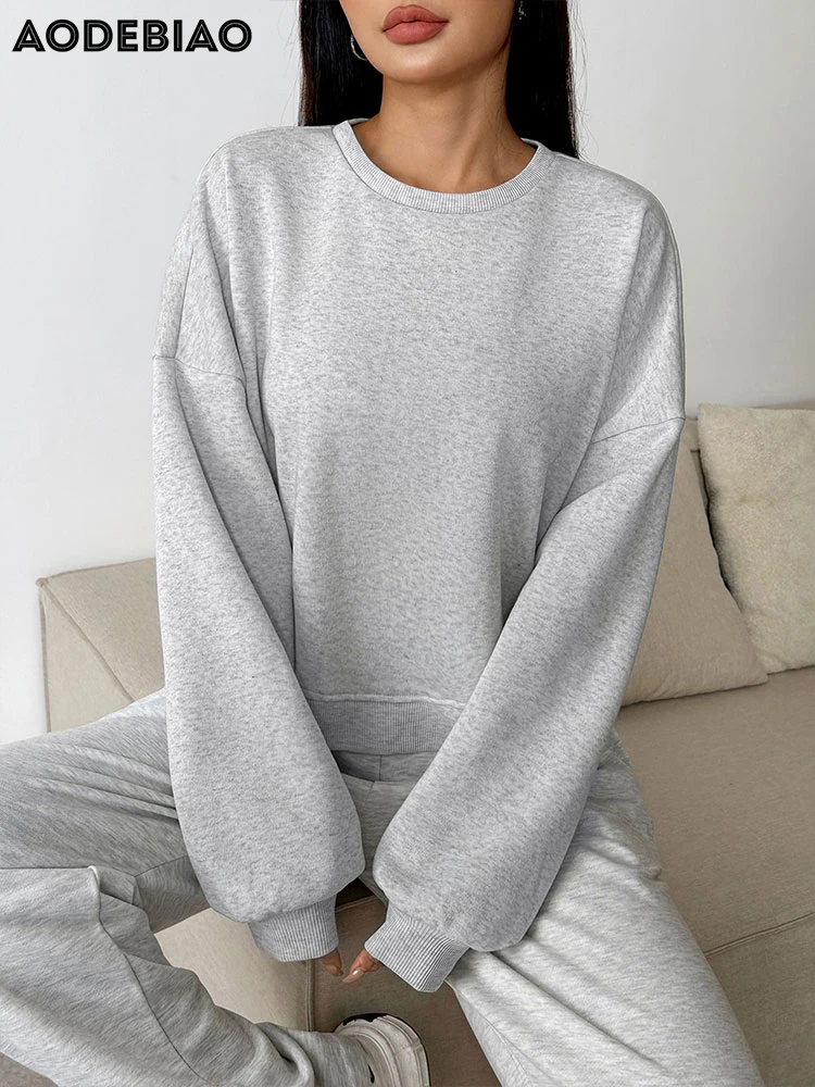 AODEBIAO Grey Sports Fitness Hoodie Women Autumn Winter Long Sleeves Fashion O-Neck Hoodie Casual Streetwear Loose Hoodie Women
