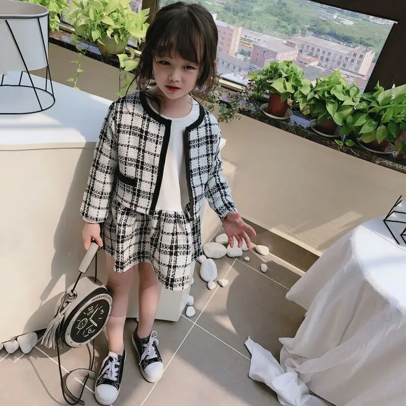 2023 Spring Girls Fashion 2pcs Plaid Suit Baby Kids Children Clothing Set Including Coat+ Dress