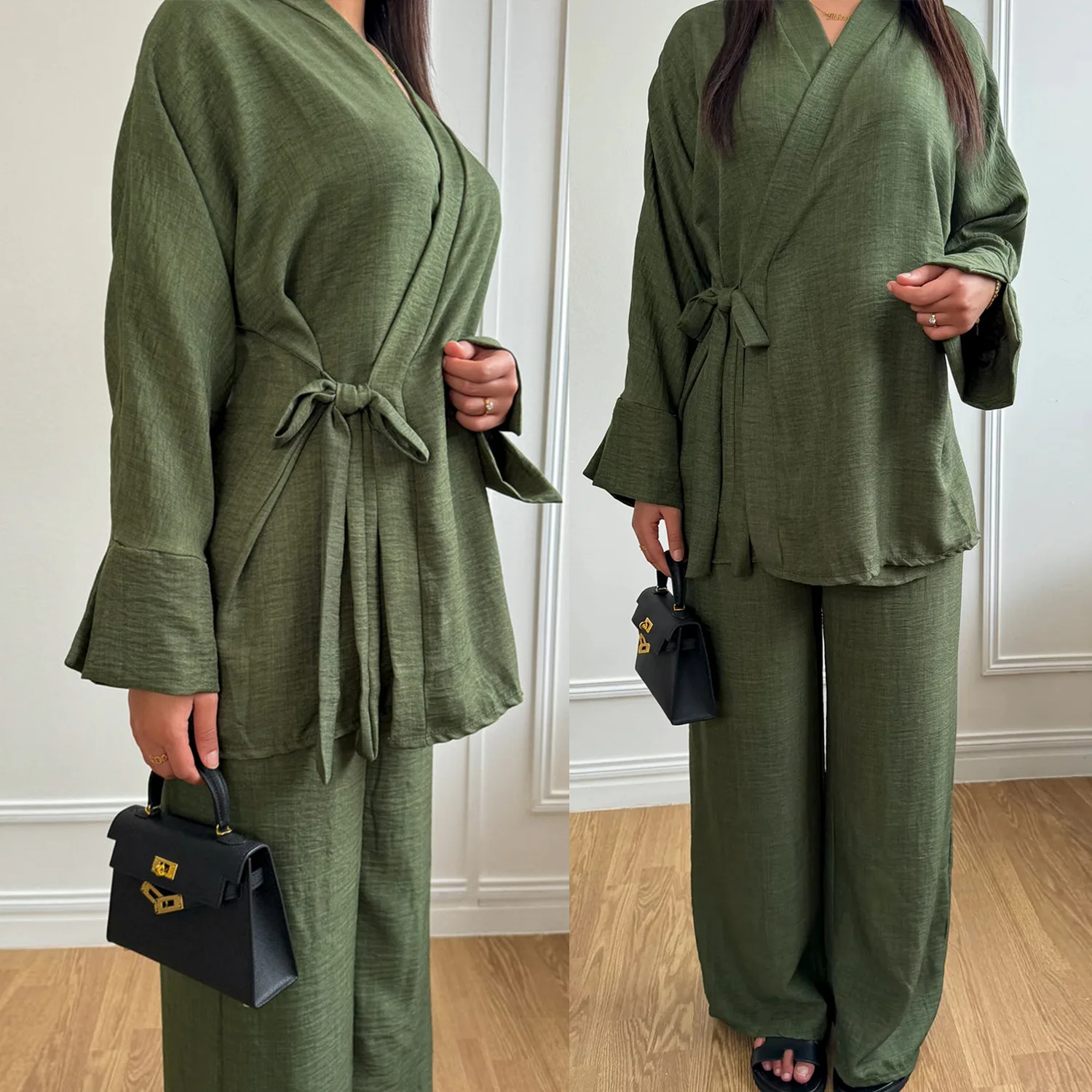 

Muslim Sets 2-Piece Crinkled Fabric Wrap Tie Kimono Top + Wide Legs Pants Islam Clothing Dubai Turkey Femme Musulmane Ensembles