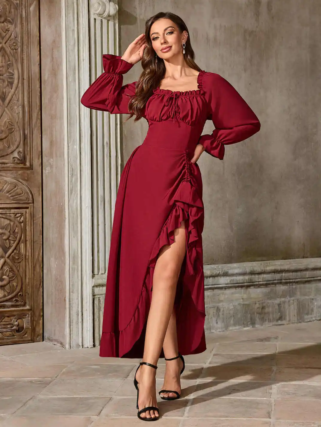 Renaissance Medieval Dress Women Ren Faire Dress, Long Sleeve Ruffle Midi Dress, Square Neck with Smocked Bodice