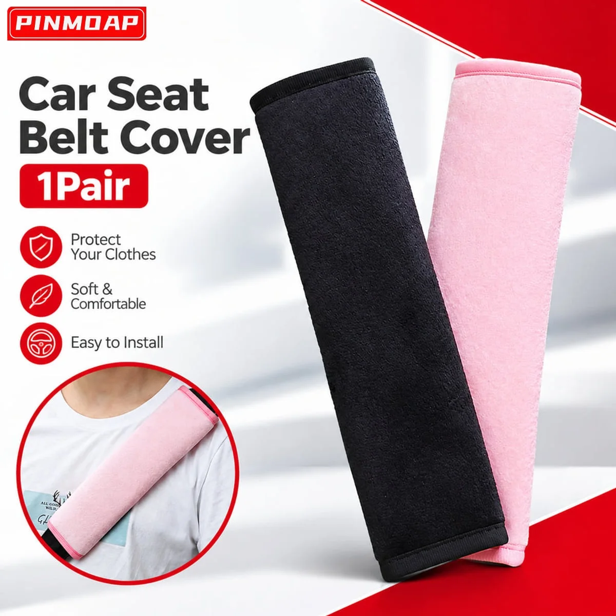 PINMOAP 1Pair Car Seat Belt Cover Soft Plush Shoulder Pad With Hook And Loop Closure For Long Drive Comfort And Belt Protection
