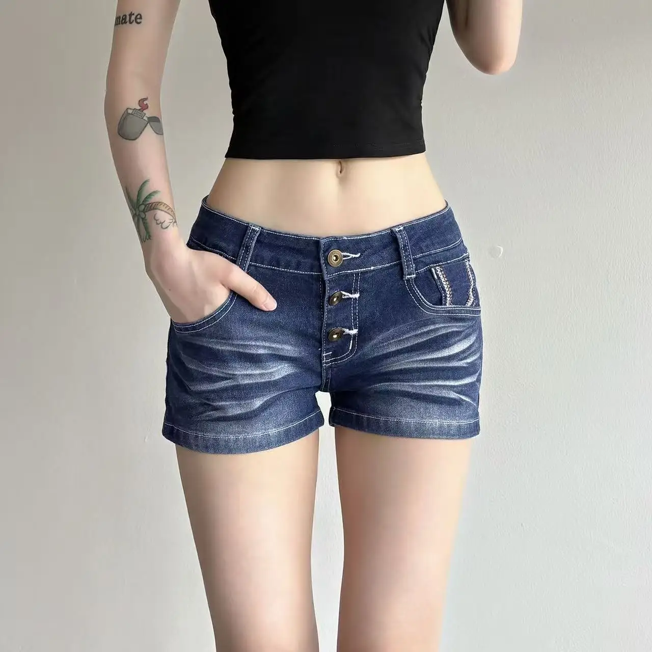 

Summer Women American Retro Kpop Low Rise Denim Shorts Punk Y2K 2000s Japanese Harajuku Skinny Jeans Hot Pants Streetwear Tide