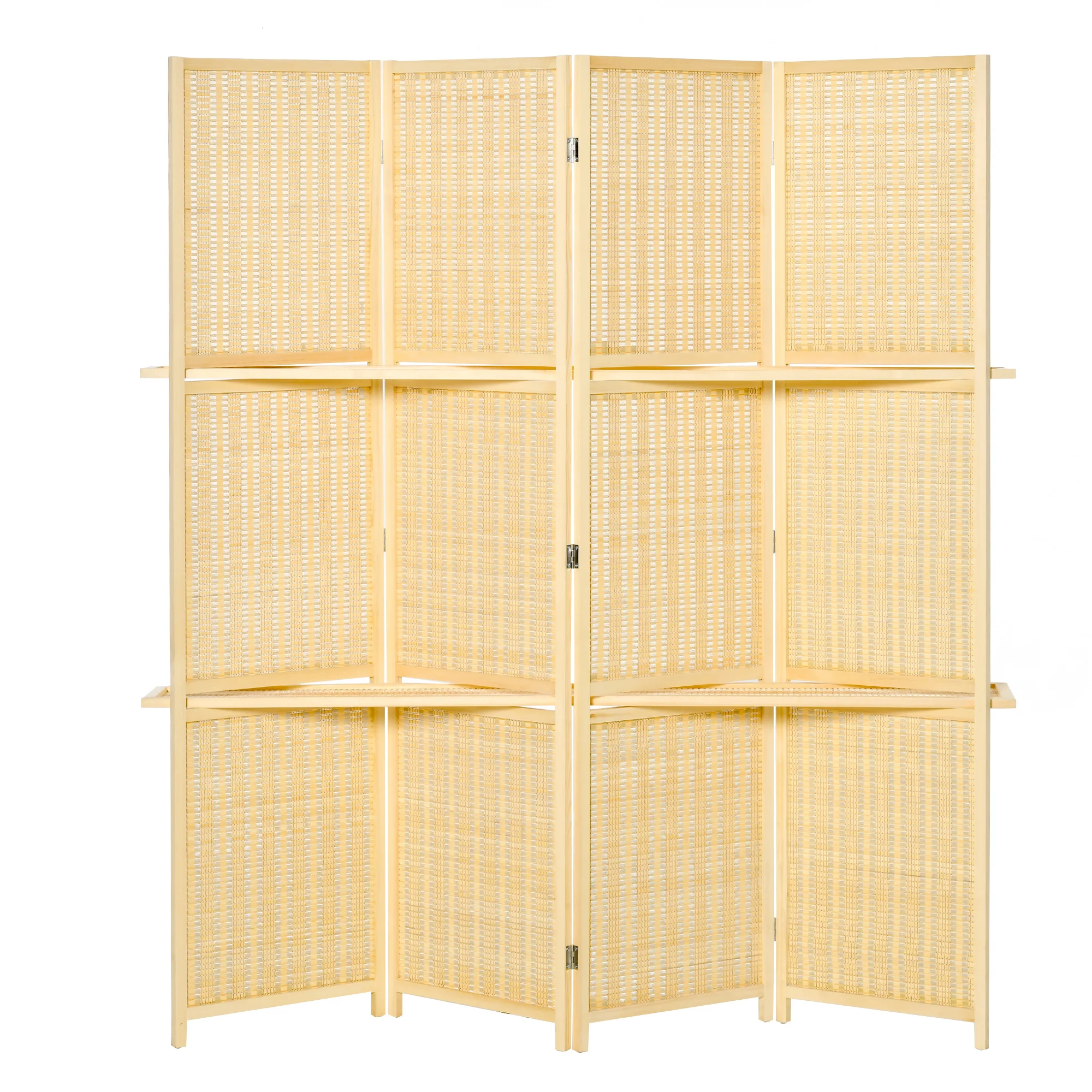 4-Panel Folding Room Divider, 6 Ft Freestanding Bamboo Privacy Screen Panel with Storage Shelves, Natural Wood Color