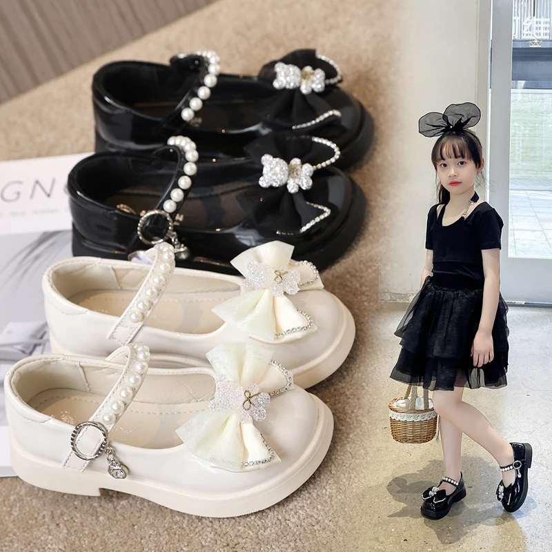 

Children Leather Shoes for Girl Glossy Simple School Versatile Shoes Kid Non-slip Thick Soled Fashion Black Bear Mary Jane Shoes