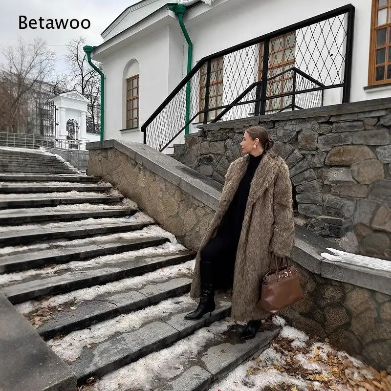 Women Notched Lapel Long Faux Fur Coat Open Front Shaggy Fluffy Maxi Jacket Thick Warm Winter Luxury Street Outerwear