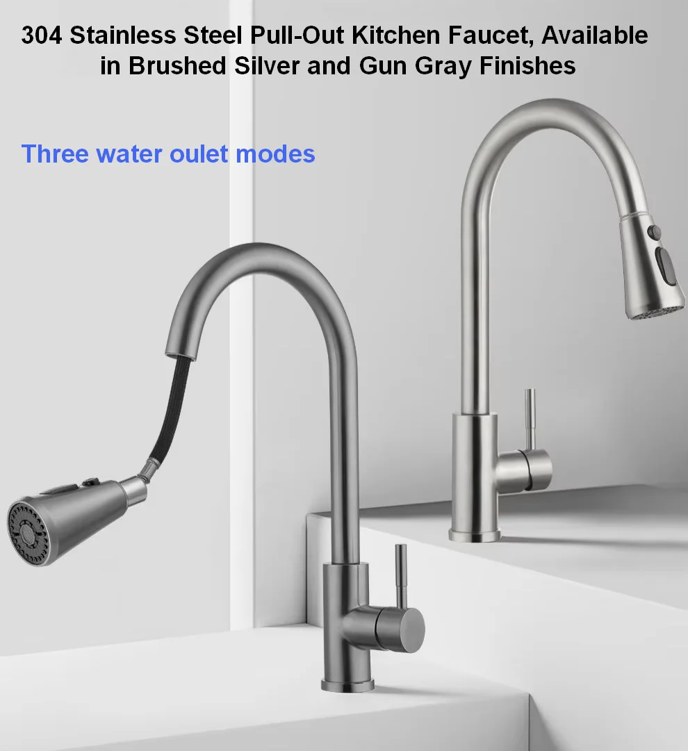 Stainless Steel Flexible Rotatable Pull-out Kitchen Faucet with Hot/Cold Water Three Outlet Modes Ceramic Valve Core