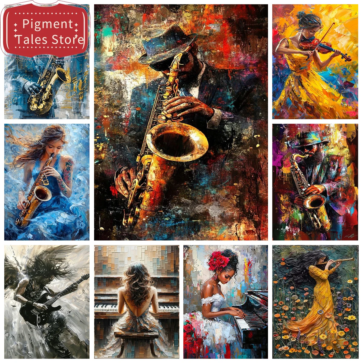 1 pièce Peinture à l'huile numérique sans cadre, thème Saxophone Piano, en acrylique, pour adultes, représentant des artistes jouant d'instruments de musique, collection numérique
