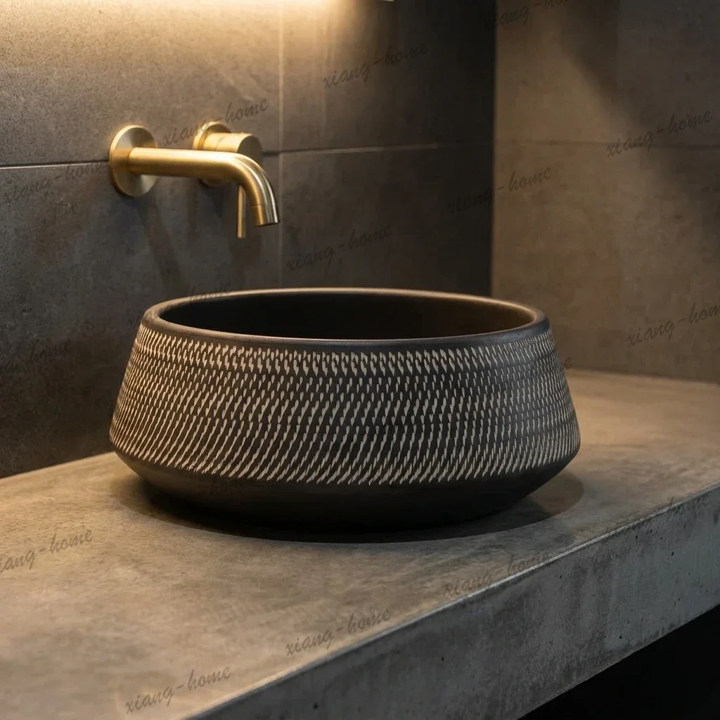 PG Contemporary Painting Platform Basin Art Circular Vessel Ceramic Bathroom Sinks Single Side Pedestal Home Modern Decorative