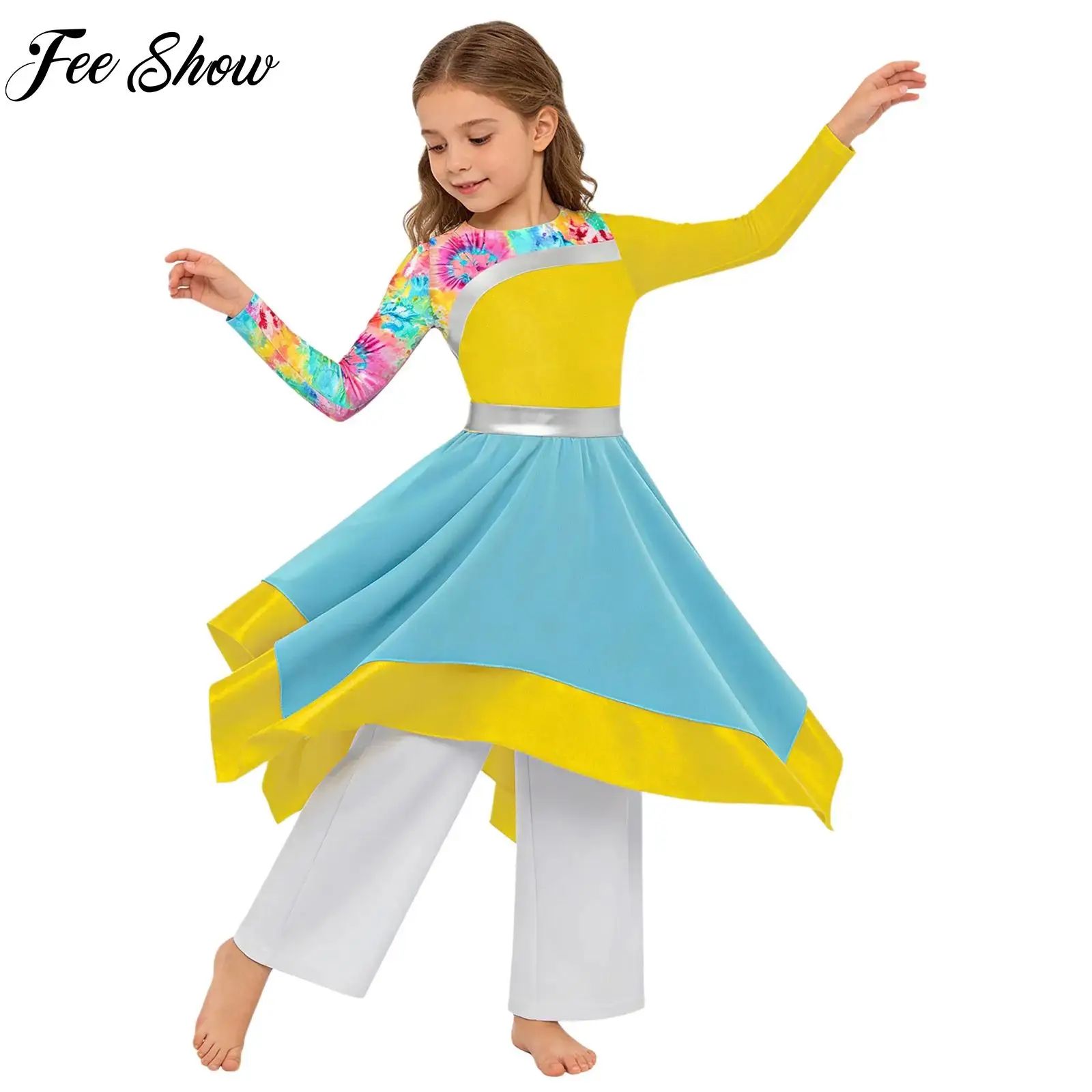 

Kids Girl Lyrical Liturgical Dance Costume Set Worship Praise Dancewear Long Sleeve Dress+Wide-Leg Pants Set for Halloween Party