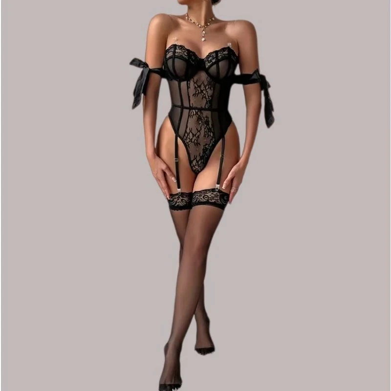 

Womens Sexy Lingerie Sets Bow Lace Sheer Bodysuit Perspective Slim Fit Corset Sensual Jumpsuit Garter Stocking Erotic Costumes