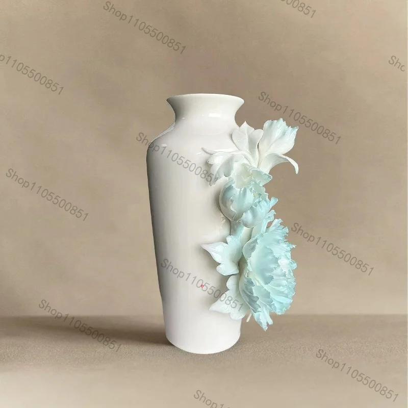 Advanced Sense Intangible Cultural Heritage Hand-squeezed Flower Ice Sea Blue Peony Flower Ceramics